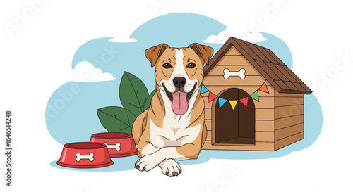 Vector art of a happy, smiling dog with its tongue out sits in front of a wooden dog house with red food bowls nearby, set against a blue sky with clouds and green leaves