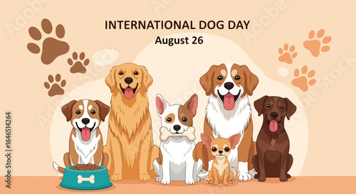 Vector art of international dog day august 26 a joyful gathering of diverse dog breeds celebrating canine companionship and the special bond between humans and their beloved pets