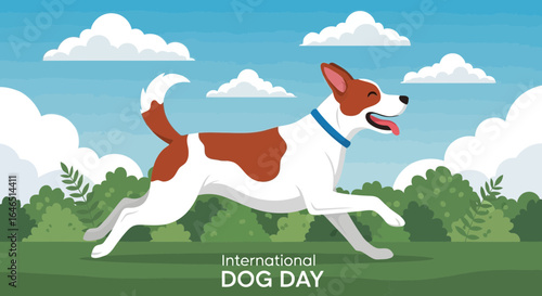 Vector art of a happy and energetic jack russell terrier mix dog running joyfully through a green park on a sunny day with clouds in the sky, celebrating international dog day