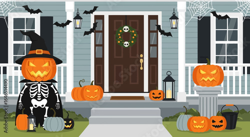 Vector art of spooky halloween porch decoration with carved pumpkins, a witch hat, skeleton costume, bats, and spiderwebs, creating a festive and eerie atmosphere for the holiday