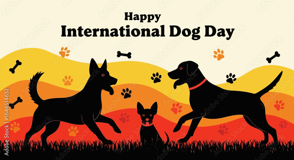 Naklejka premium Vector art of happy international dog day illustration with silhouettes of dogs and puppies playing, surrounded by paw prints and bones, celebrating canine companionship and love