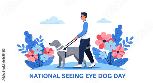 Vector art of man walking with his guide dog on a leash, celebrating national seeing eye dog day with floral elements, symbolizing assistance and companionship for the visually impaired