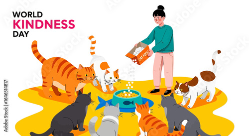 Vector art of world kindness day a woman feeding a group of cats, showing compassion and care for animals, isolated on white background