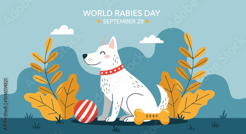 Vector art of world rabies day september 20th a happy white dog sits with a ball and bone, surrounded by plants, promoting rabies awareness and pet health