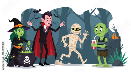 Vector art of a group of classic halloween monsters including a vampire, witch, mummy, and zombie gather in a spooky forest at night, with bats flying overhead and a cauldron bubbling