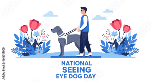 Vector art of national seeing eye dog day illustration featuring a guide dog assisting a visually impaired person, symbolizing support, companionship, and awareness for disability