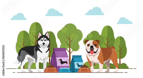 Vector art of two dogs, a husky and a bulldog, stand next to bags of dog food and bowls of kibble in a park setting with trees and clouds, representing pet nutrition and care