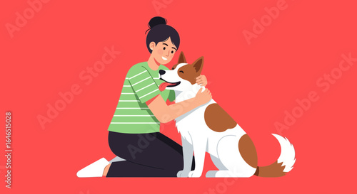Vector art of a woman affectionately hugging her dog, symbolizing the strong bond and love between humans and their pets, depicted in a vibrant flat illustration style
