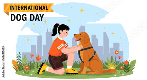 Vector art of international dog day celebration with a girl and her golden retriever dog in a park with cityscape background, symbolizing friendship and companionship