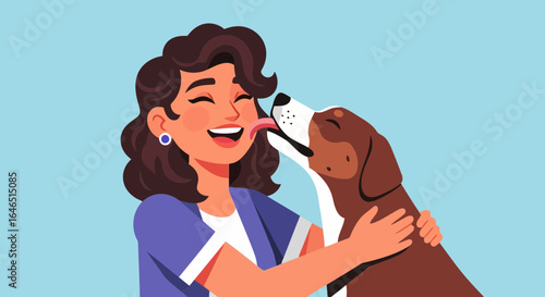 Vector art of a happy woman is being licked by her dog, showing affection and the strong bond between them