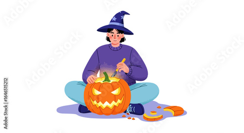 Vector art of a child wearing a witch hat sits crosslegged and carves a glowing jackolantern for halloween, isolated on white background