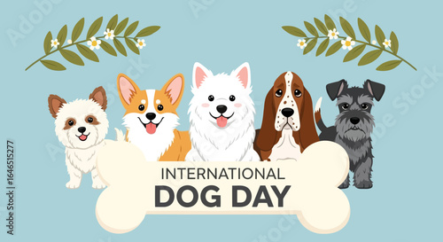 Vector art of international dog day celebration with a variety of cute dog breeds posing together behind a boneshaped sign, surrounded by decorative leaves