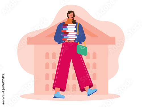 Female student with curly hair and trendy clothes is walking with a tall stack of books to do her assignments in college. University illustrations. Flat vector illustration. Character design.