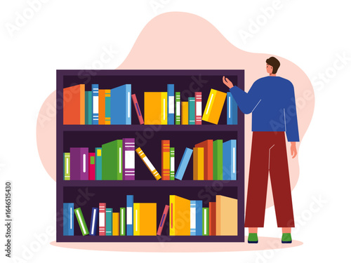 Young man in a university library looking for books to do his coursework. University illustrations. Flat vector illustration. Character design.