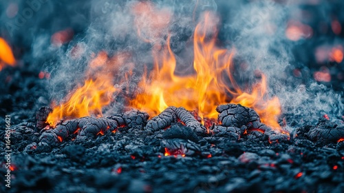 Burning coal pile with flames and smoke in a dark environment.