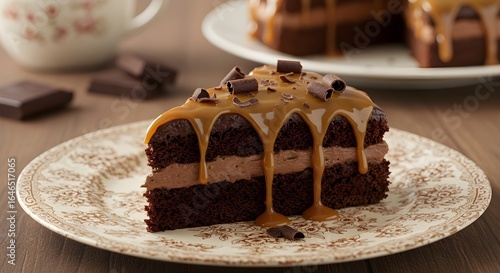 ​A delicious slice of chocolate cake with a thick layer of chocolate mousse and a generous drizzle of caramel sauce, topped with chocolate curls on a decorative plate.
