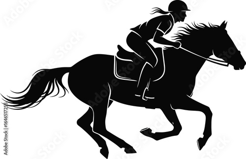 Silhouette of a horse and rider in equestrian sport, depicting speed, motion, action, competition, and power of equine athleticism