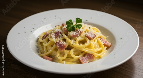 A plate of classic spaghetti carbonara, generously topped with crispy pancetta, grated cheese, and a fresh parsley garnish, ready to be enjoyed.