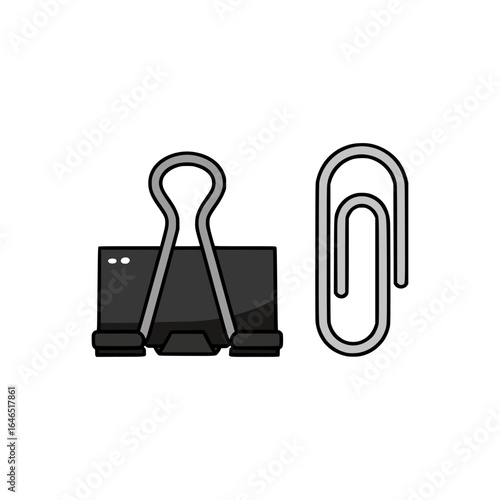 Minimal vector drawing showing a sturdy binder clip alongside a sleek paperclip, symbolizing office organization and productivity tools