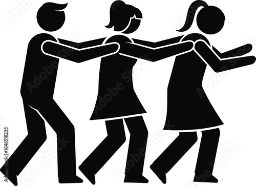 A group of people walking in a line, with one person leading way and others following blindly, a symbol of trust and guidance