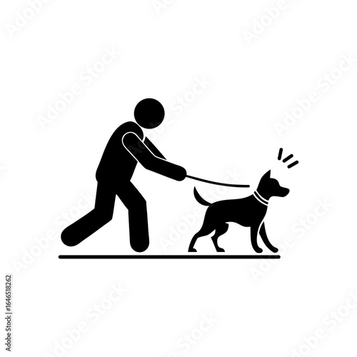 Silhouette of a man walking a dog on a leash isolated on white background
