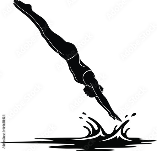 Silhouette of a diver diving into water with a splash, showcasing grace and skill of athlete