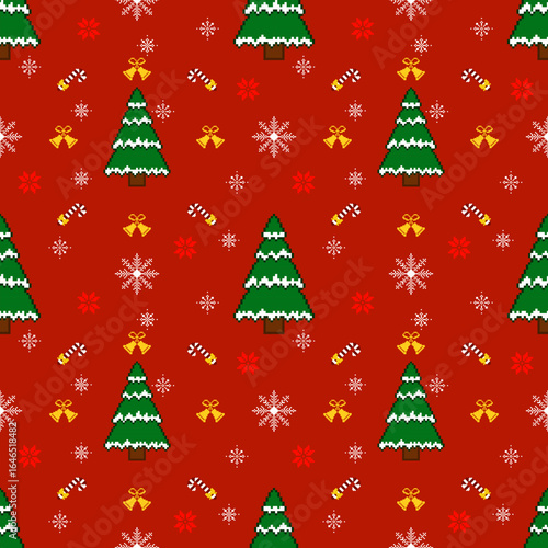 Christmas seamless pixel art pattern with christmas tree, deer, snow, rabbit, house.
