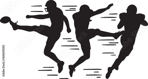 Silhouette illustration of three American football players in action kicking and running with motion lines style vector illustration EPS file download