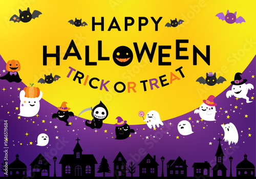 ハロウィンのポップでかわいい、夜空背景 ( フレーム　見出し　タイトル　ハロウィーン　セール　チラシ　月　街並み　お化け　カボチャ　お化け　ゴースト　コウモリ )