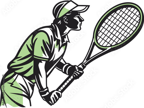 Tennis Player with Racquet in Action on White Background athlete sport style vector illustration EPS file download