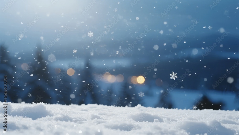 Fototapeta premium Snowfall Over a Winter Landscape with Softly Lit Background