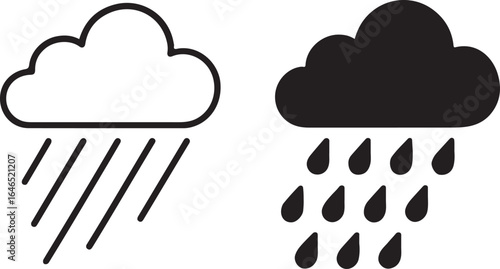 Rainy Cloud Weather Icons: Vector Rain Sign Symbols, Outline and Filled Styles