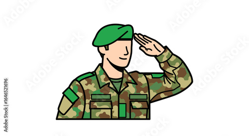 Illustration of a saluting soldier wearing a camouflage uniform and green beret