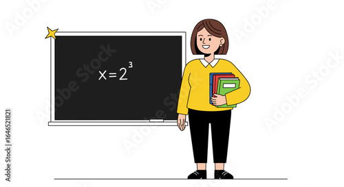 A teacher stands next to a blackboard with a math equation and holding books