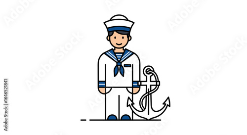 Illustration of a sailor in uniform standing next to a large metal anchor
