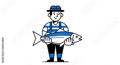 Illustration of a fisherman holding a large blue and white fish he caught