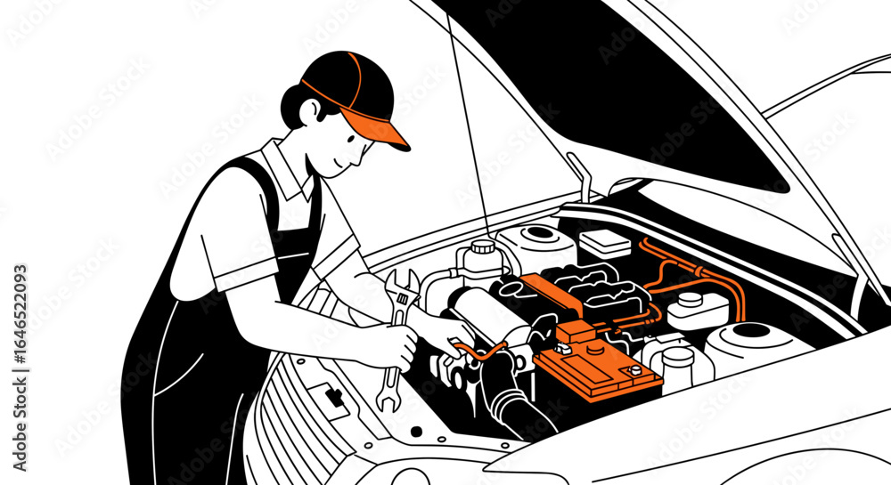 Obraz premium Mechanic working on car engine with open hood using wrench and jumper cables