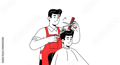 Barber giving a haircut to a client with scissors and comb in a barber shop scene