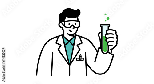A scientist in lab coat holding a test tube with green liquid and green fumes