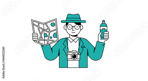 Illustration of a tourist holding a map and a bottle wearing a hat and glasses
