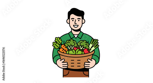 Man holding a basket filled with fresh vegetables including broccoli carrots and leeks