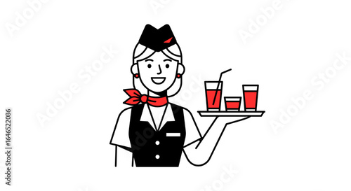 Stewardess in uniform holding a tray with drinks in glasses on a white background