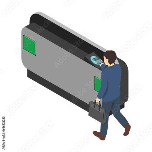 アイソメトリックイラスト：駅改札機をスマホで通る男性