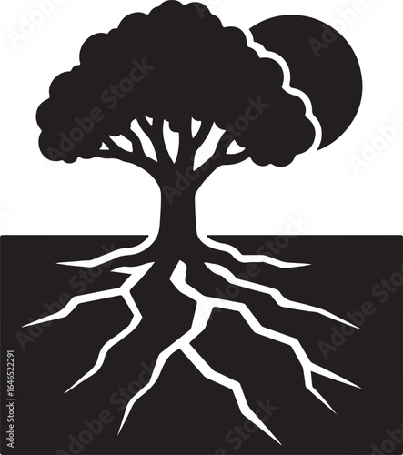 draught  Vector Tree Icon:  draught Silhouette Sign, Deep Roots Symbol, Cracked Earth, Minimalist Style.
