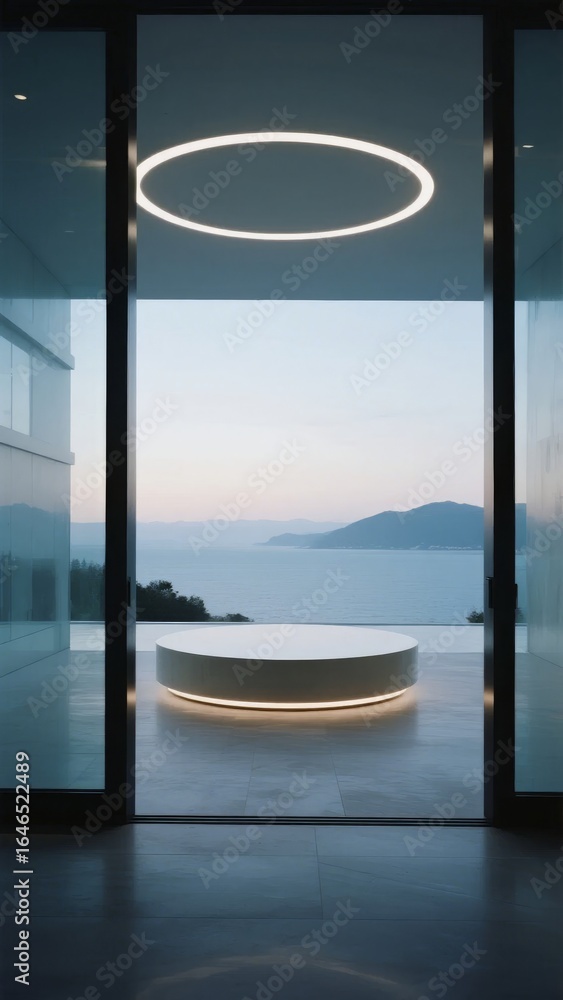 Fototapeta premium Modern interior with circular light fixture and ocean view through large glass doors