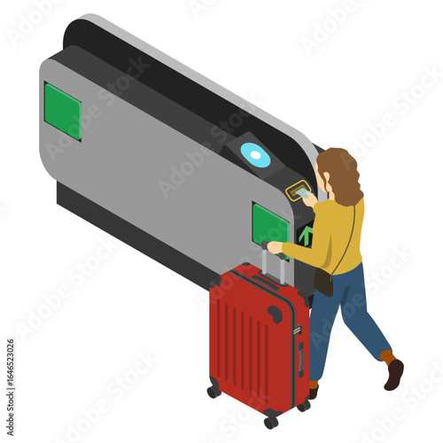 アイソメトリックイラスト：駅改札機を切符で通る女性