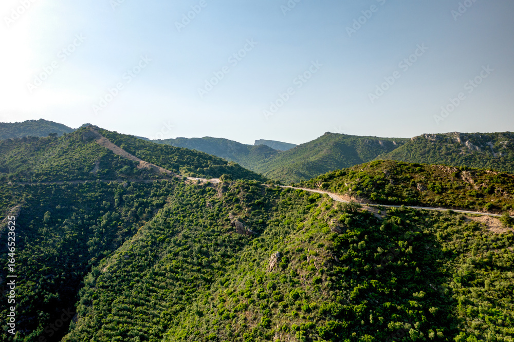 Obraz premium Drone aerial view of a winding road amidst the lush green Supram