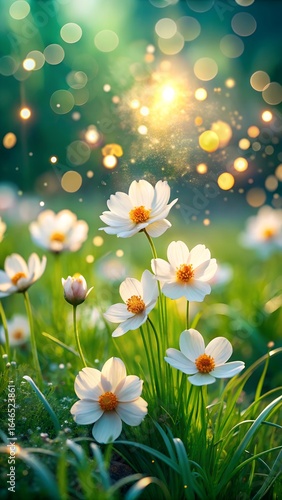 Dreamy Field of White Cosmos Flowers with Bokeh Lights and Golden Dust