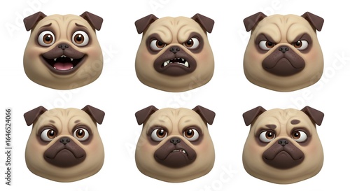 Pug dog faces variety expressions illustration