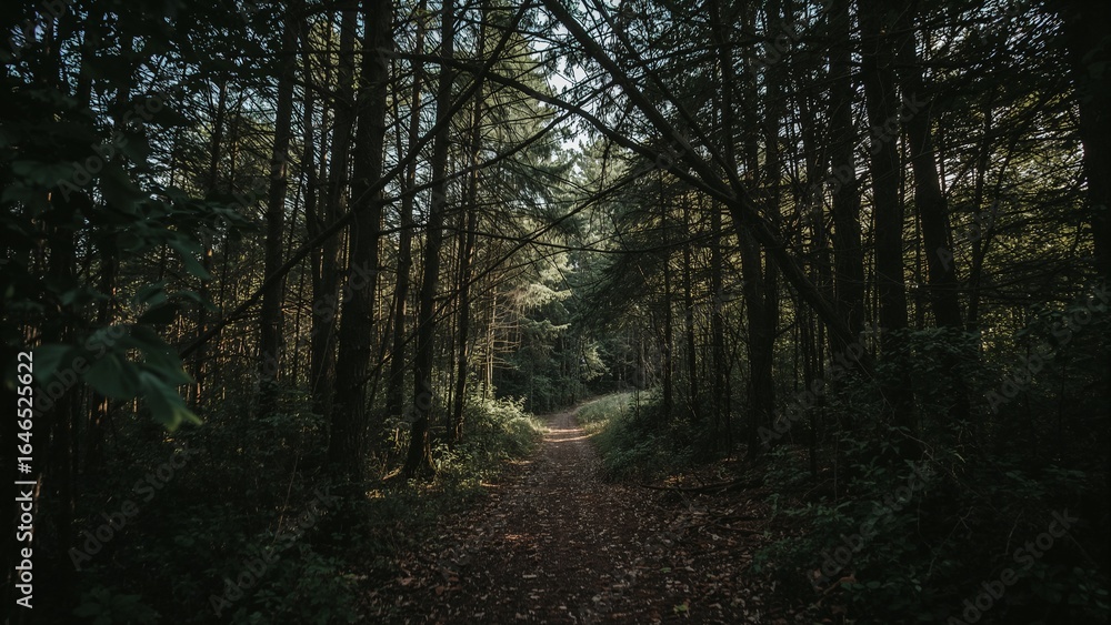 Naklejka premium Meandering dirt trail weaving through dense coniferous forest canopy, with leaf litter and shrubs